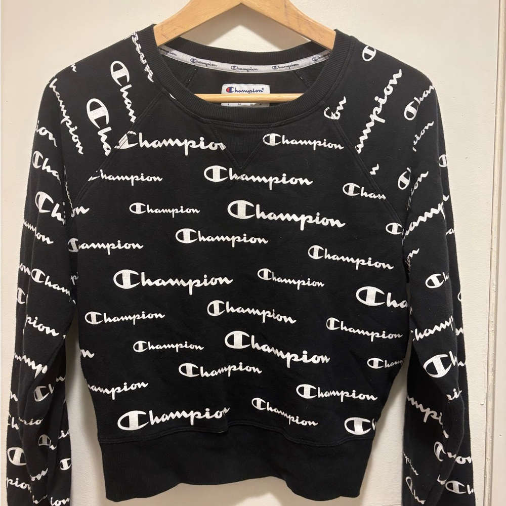 Champion Women's Black and White Logo Crew Neck Sweater